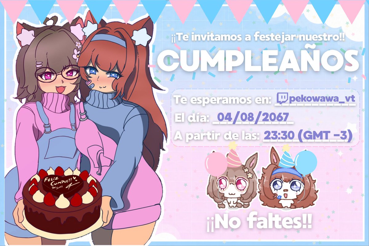 pekowawa_vt's tweet photo. ‧₊˚ ── ꒰🩵 STREAM DE CUMPLEAÑOS 🩵꒱ ──˚₊‧

★ Ayer fue nuestro cumpleaños, asi que hoy...
¡¡LO FESTEJAMOS CON USTEDES!! (☆▽☆)

◟ Vengan a felicitar a sus Nekotitas favoritas 🎊
¡No falten! 23:30 (GMT -3) donde ya saben 🩵🩷 https://t.co/ULYu9206EB