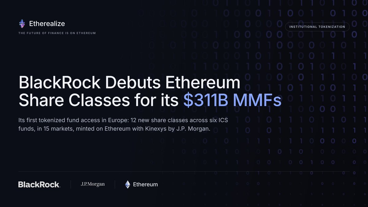 Etherealize_io's tweet photo. Today, BlackRock launched @ethereum share classes for its European money market funds in partnership with J.P. Morgan and its tokenization platform.

This announcement follows J.P. Morgan's May launch of JLTXX on Ethereum, which has already grown to nearly $800M in assets on-chain.

BlackRock. JP Morgan. Ethereum.

When competitors converge on the same infrastructure, it's no longer a trend. It's the future of finance.