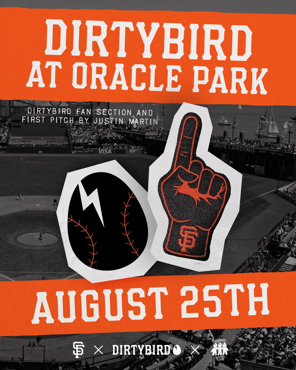 Dirtybird's tweet photo. Feathers and fastballs ⚾️ Dirtybird is taking flight at Oracle Park August 25th with the first ever DIRTYBIRD fan section 🏟️

With @justinmartin set to throw the first pitch — don’t miss your chance to rep the bay and the flock at the ballpark!

Lock in your spot in the bio 🔗 https://t.co/3XVmIe2Bru