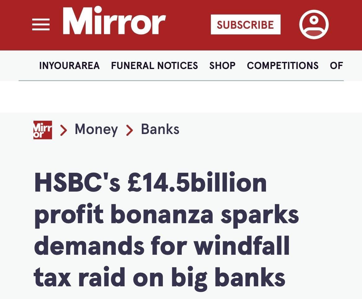 RichardBurgon's tweet photo. The big four banks have announced even more mega profits.

They're making billions more from the higher interest rates that are hammering households.

I'm backing a Windfall Tax on these excess bank profits to raise billions for action on the cost of living crisis. https://t.co/FzmlOoF1SD