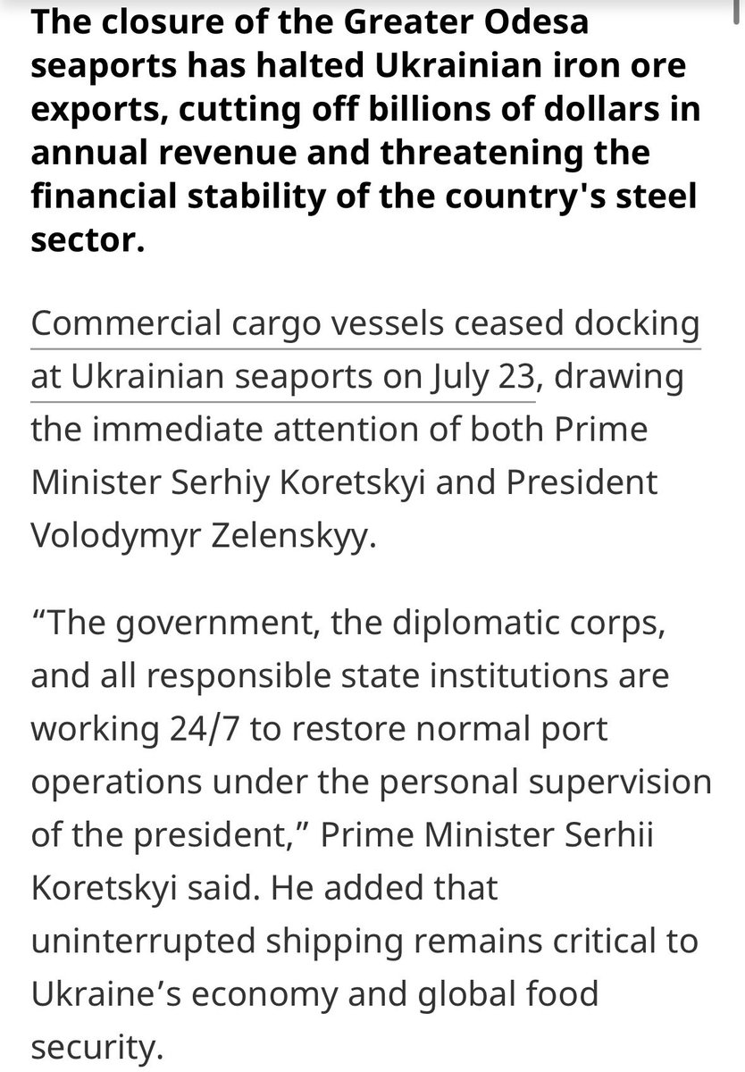 RALee85's tweet photo. “The closure of the Greater Odesa seaports has halted Ukrainian iron ore exports, cutting off billions of dollars in annual revenue and threatening the financial stability of the country's steel sector…

While agricultural losses from the port blockade are widely documented, the shipping freeze has also crippled Ukrainian steelmakers who rely on maritime routes to export most of their iron ore and finished products…

Viktor Lotous, board chair of the Poltava Mining and Processing Plant – a Ferrexpo subsidiary – announced that the company plans to suspend operations at the facility starting Aug. 3 due to a working capital deficit and the halt of maritime exports.

The Southern Mining and Processing Plant in Kryvyi Rih – a joint venture between Metinvest and other shareholders – also announced a total production halt…

Extraction at Metinvest's Combined Mining and Processing Plant ‘is projected to drop roughly 30% as early as August compared to the 2025 annual average due to these same logistical disruptions.’”
https://t.co/M9acYJmLM3