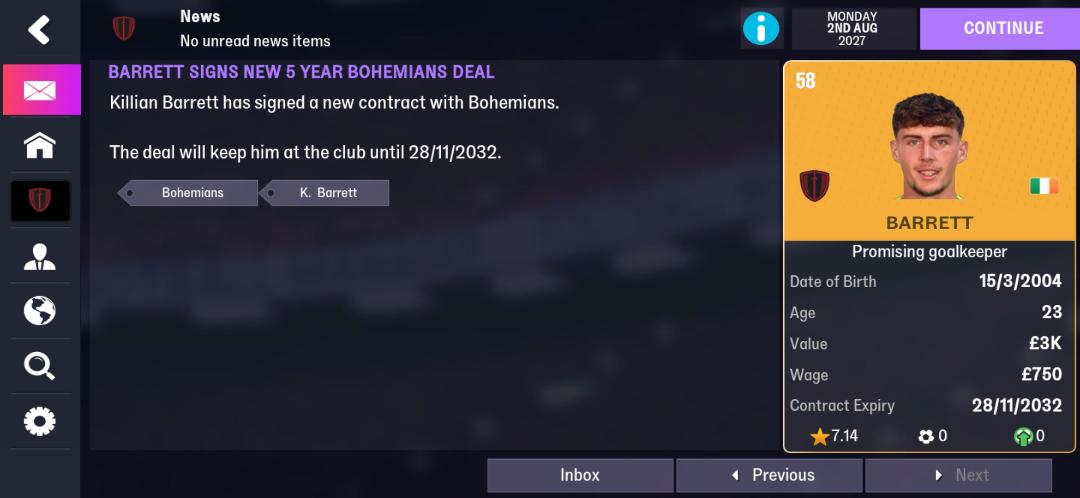 themanagerfm234's tweet photo. A new 5 year contract for the goalkeeper Killian Barrett and Killian Barrett has signed the new contract

#FM26 #FM26MOBILE #BohemiansFC #GamingLife #GamingCommunity https://t.co/Oj0Phhg4jg