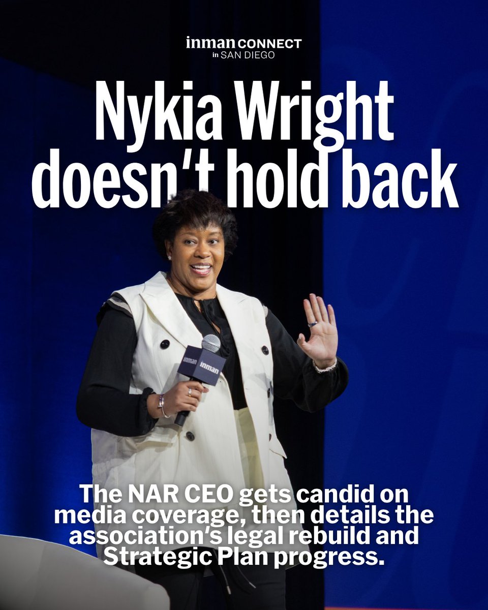 Inman's tweet photo. NAR CEO Nykia Wright didn't hold back at Inman Connect San Diego. Asked if outlets like Inman lean too heavily into clickbait, her answer implied it — without saying so directly.

Full story: https://t.co/xsAYzEK0UD

#NAR #RealEstate #InmanConnect https://t.co/afZz3hEFps