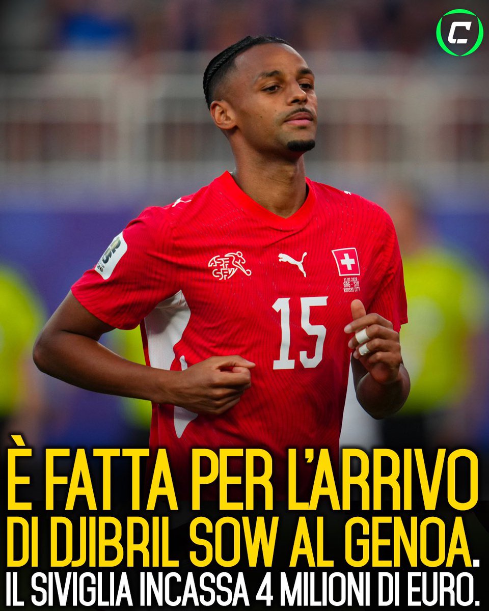 CronacheTweet's tweet photo. Il Genoa piazza un colpo per il centrocampo. È fatta per l’arrivo di Djibril Sow dal Siviglia, che incassa 4 milioni di euro dalla cessione del nazionale svizzero. 

Classe ’97, Sow è una mezzala che può giocare anche davanti alla difesa. Fortemente voluto da Daniele De Rossi, è attesa a Genova nelle prossime ore per sottoporsi alle visite mediche e firmare un contratto fino al 2030 ✅