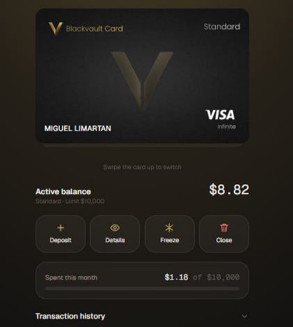 BlackVaultCore's tweet photo. Sneak Peek 👀

The BlackVault Card is taking shape.
• Real time balance 
• Card controls
• Transaction history 
• Built for real world spending 
• Privacy first by design

Still under active development.
More updates soon. https://t.co/UfYBxzpyQU
