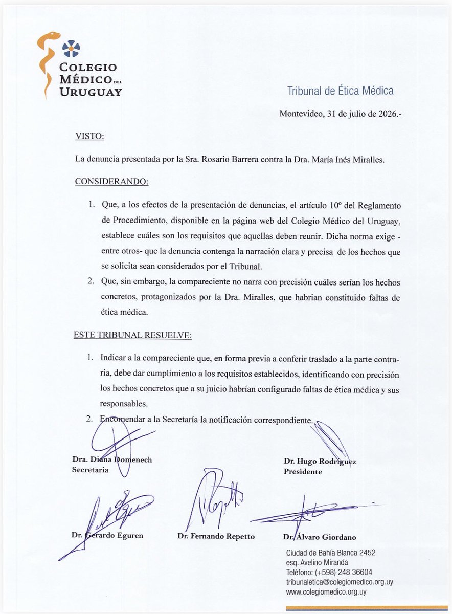 Fedecasaretto's tweet photo. BUROCRACIA EN LA DESGRACIA

El Tribunal de Ética Médica del Colegio Médico del Uruguay le pide a la madre de la fallecida que indique “con precisión los hechos concretos que a su juicio habrían constituido faltas de ética médica “ después que esta realizara una denuncia relatando lo sucedido y adjuntara casi 200 páginas que describen los hechos denunciados.