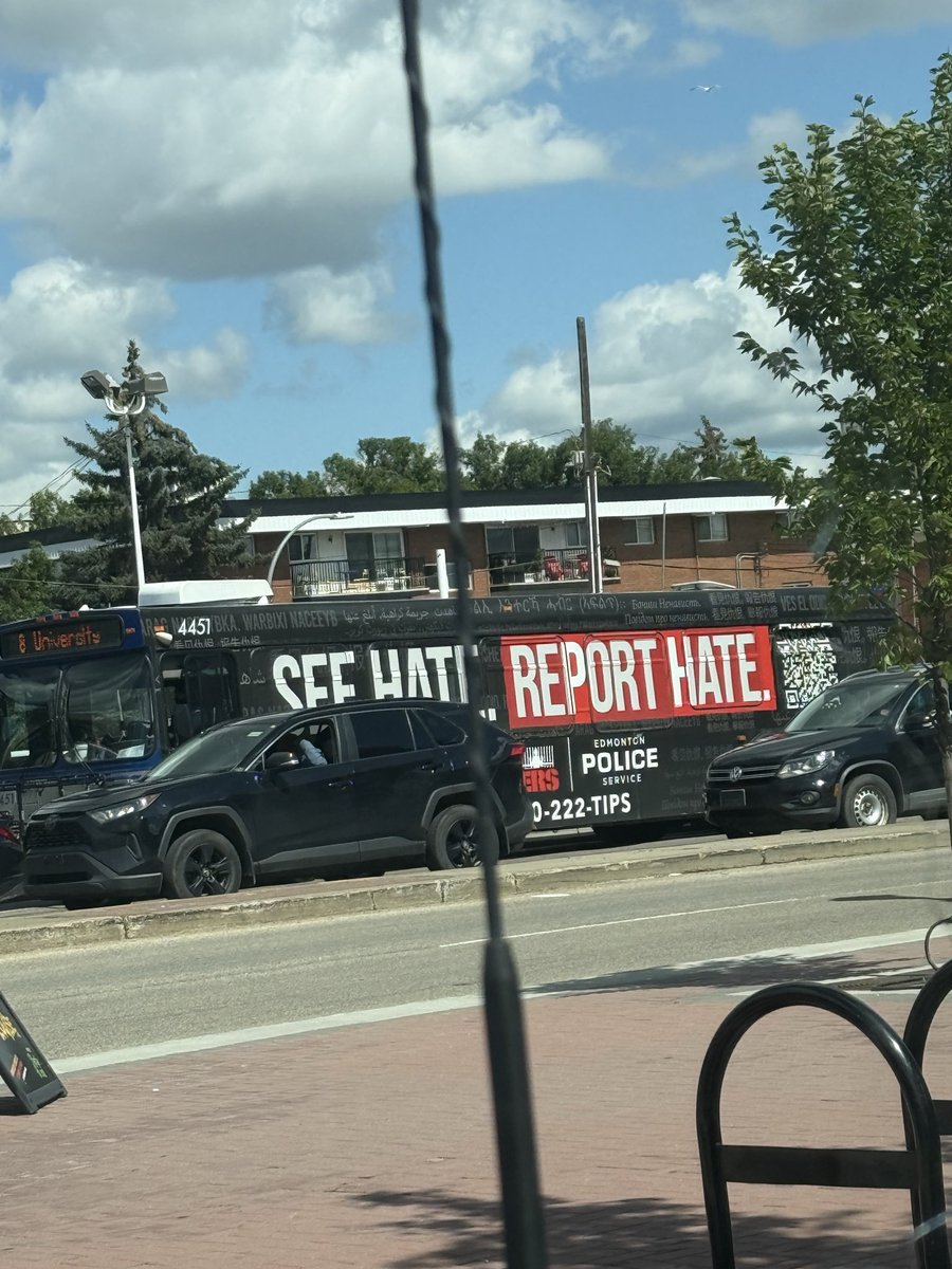 yegwave's tweet photo. Edmonton Police continues encouraging people to report hate, now promoting the message on ETS buses.

The service’s website states that reports can include non-criminal incidents such as verbal insults, offensive jokes, and slurs motivated by bias toward an identifiable group. https://t.co/YXW9nGqNQx