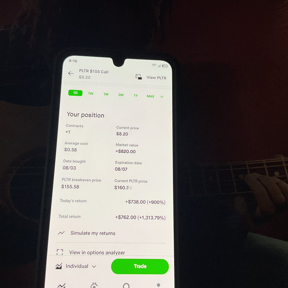 eth4peace's tweet photo. Here’s why I bought the call . Last time PALANTIR had earnings he knocked it out of the park and the stock went to 222 and then back down so I was thinking of myself they’re gonna crush her again. Why couldn’t it get back to all-time highs at 222 now I don’t know what to do. Do you run this thing all the way to expiration or do you take profits now?