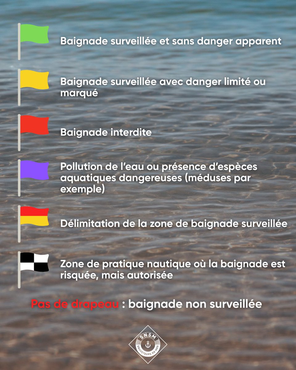 SauveteursenMer's tweet photo. Les #conseils de l'été ☀️ Découvrez la signification des drapeaux sur les plages 🚩 Hissés près des postes de secours, ils informent des conditions de baignade en fonction de la mer et de la météo 🌊 Suivez tous les conseils des #SauveteursenMer #SNSM 👉 https://t.co/DLNdYkwq7e https://t.co/QFsslEvzXW