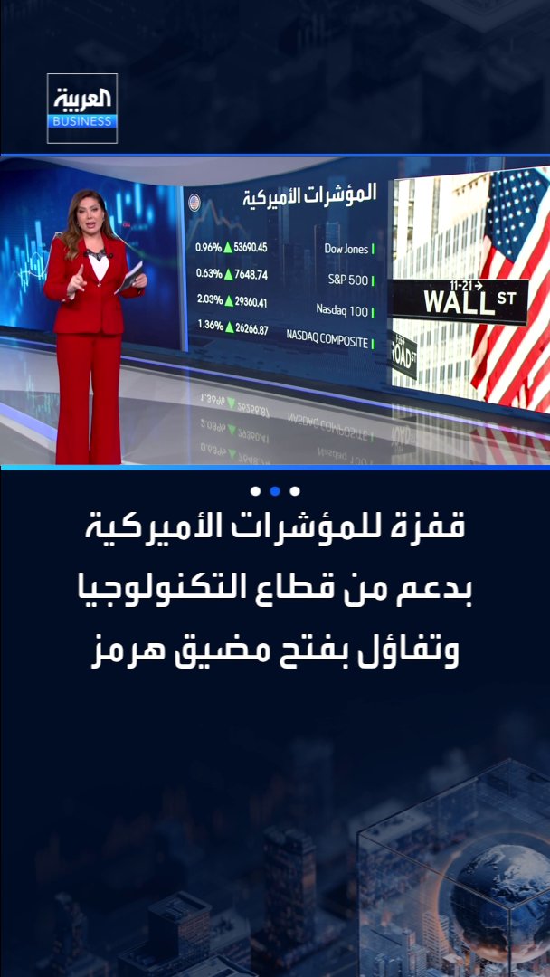 قفزة قوية على مؤشرات وول ستريت بدعم من نتائج إيجابية لشركات التكنولوجيا وتفاؤل من عودة فتح مضيق هرمز بعد تصريحات وزير الخزانة الأميركية بقرب الاتفاق مع إيران _Business 