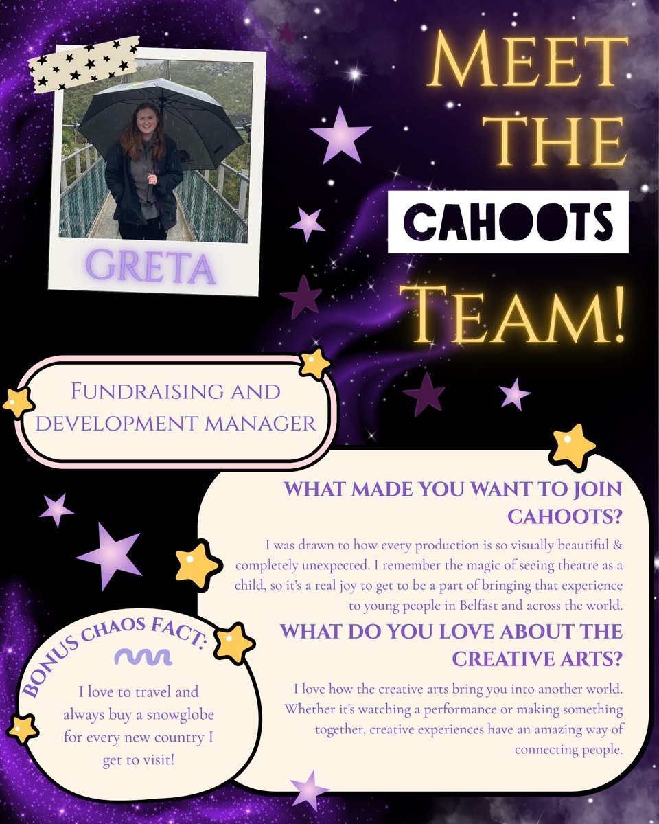 CahootsNI's tweet photo. We're gearing up to launch our new season programme, so we figured it's a good time to reintroduce you to the full team! 😊 This week we're highlighting our Fundraising and Development Manager, Greta! 💫 https://t.co/taUHmeIqJP