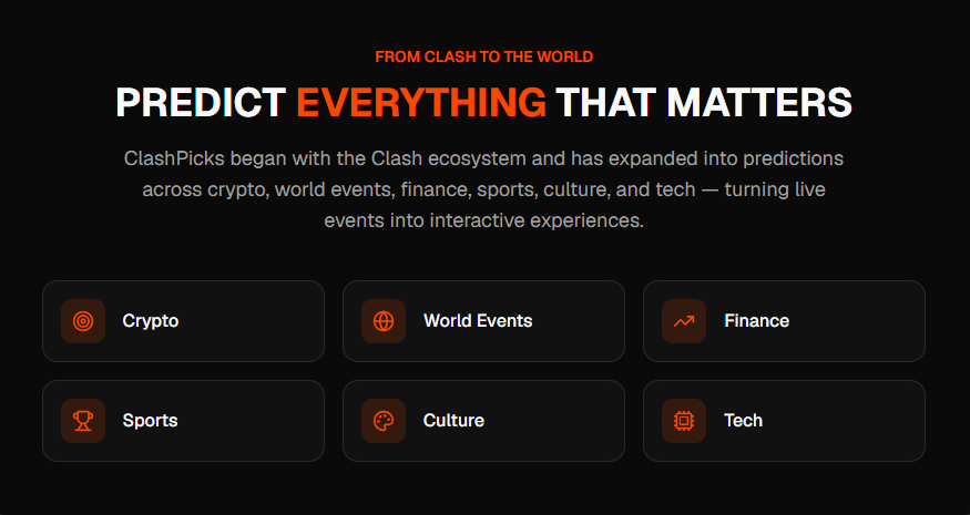 ClashProjectAI's tweet photo. ClashPicks goes far beyond one type of market.

Use your free pCLASH to explore predictions across crypto, finance, sports, world events, culture, and tech—all without risking real assets while you learn the platform.

Find the category you know best and put your knowledge to the test ↙️
https://t.co/JpA0kgjEEX