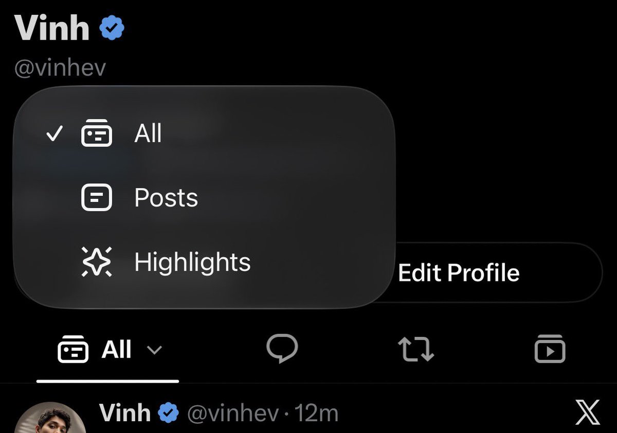 vinhev's tweet photo. Seems like X decides to add back the “All” option for the user profile feed. But sadly it’s not the default and you can’t permanently set it to “All” https://t.co/FzbMZ2WDAf