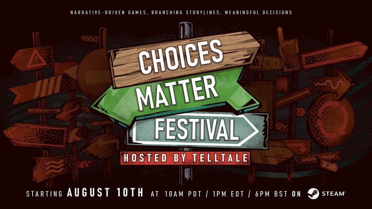 telltalegames's tweet photo. Celebrate narrative games w/ our first-ever CHOICES MATTER FEST on Steam!
AUGUST 10 - 17th: It’s stacked with...
🪧40+ Demos 
🪧Behind-the-scenes content 
🪧Interviews & Dev Commentary
🪧A Choose-Your-Own-Adventure-type quiz
🪧Exclusive announcements
🪧TWO WORLD PREMIERES (not ours) 
🪧…and discounts on 90 featured games!