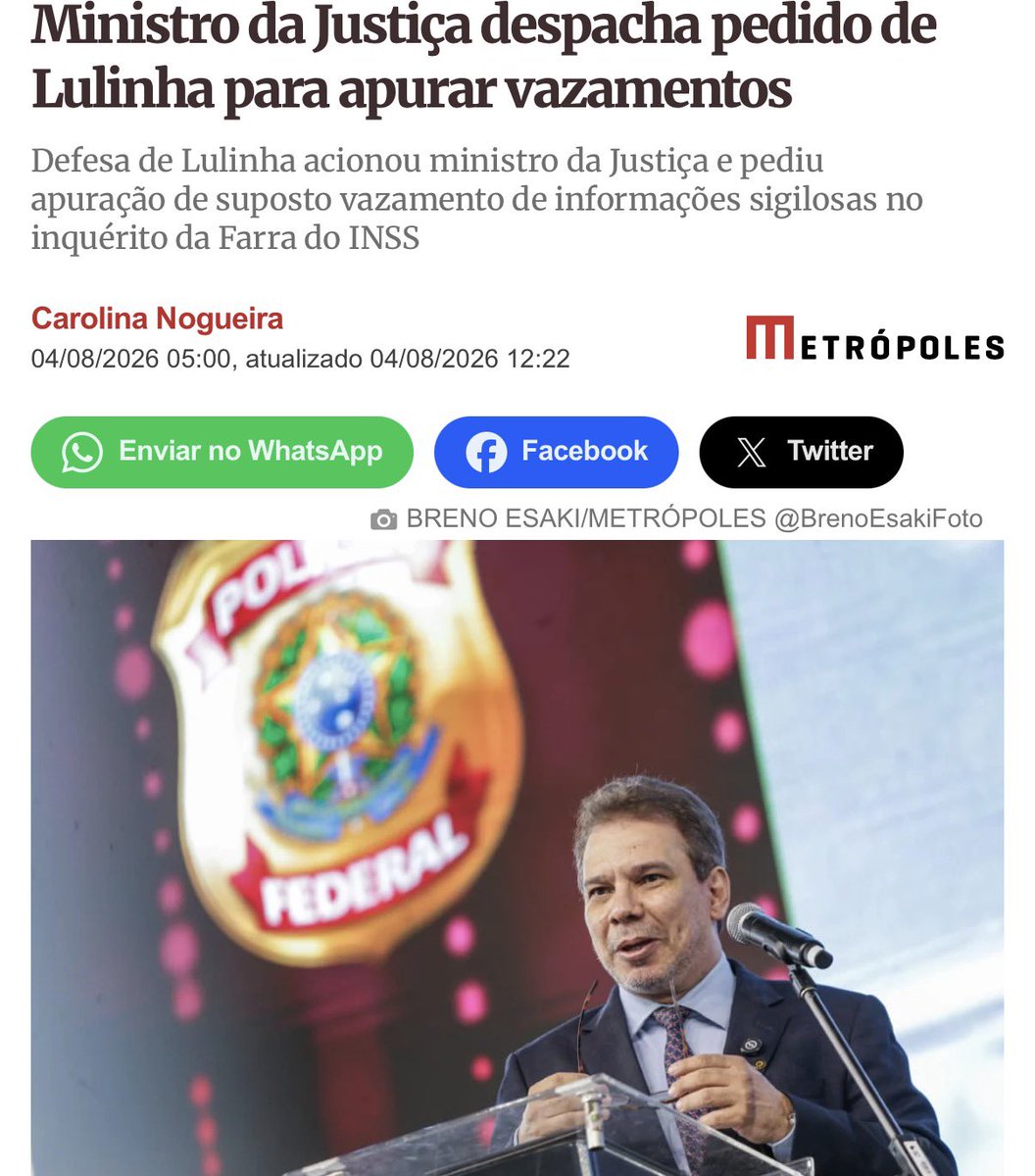 Maxcardoso's tweet photo. Vazamentos só podem acontecer contra Bolsonaro e seus aliados.
Daqui a pouco vão querer anular a operação e tirar o inquérito do INSS da mão do Mendonça. https://t.co/TkoRrA81mY