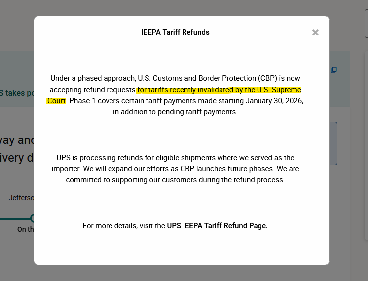 RustyG's tweet photo. Good on you @UPS for refunding customers that were illegally charged by an illegal tariff by an unfit elderly mob style "president" #tariff #tariffrefund #Refund https://t.co/uhj9XROkr7