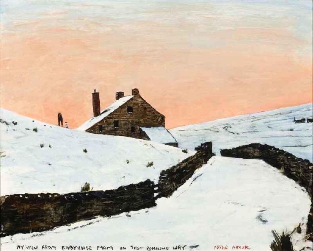 PennineThe's tweet photo. ‘My View from Babyhouse Farm on the Pennine Way’ is not surprisingly one of several Peter Brook paintings featuring the well known long distance footpath. Here, together with Shep, he stands on the hillside peering into the distance, leaving us wondering what is over the horizon. https://t.co/8qTh1dccs8