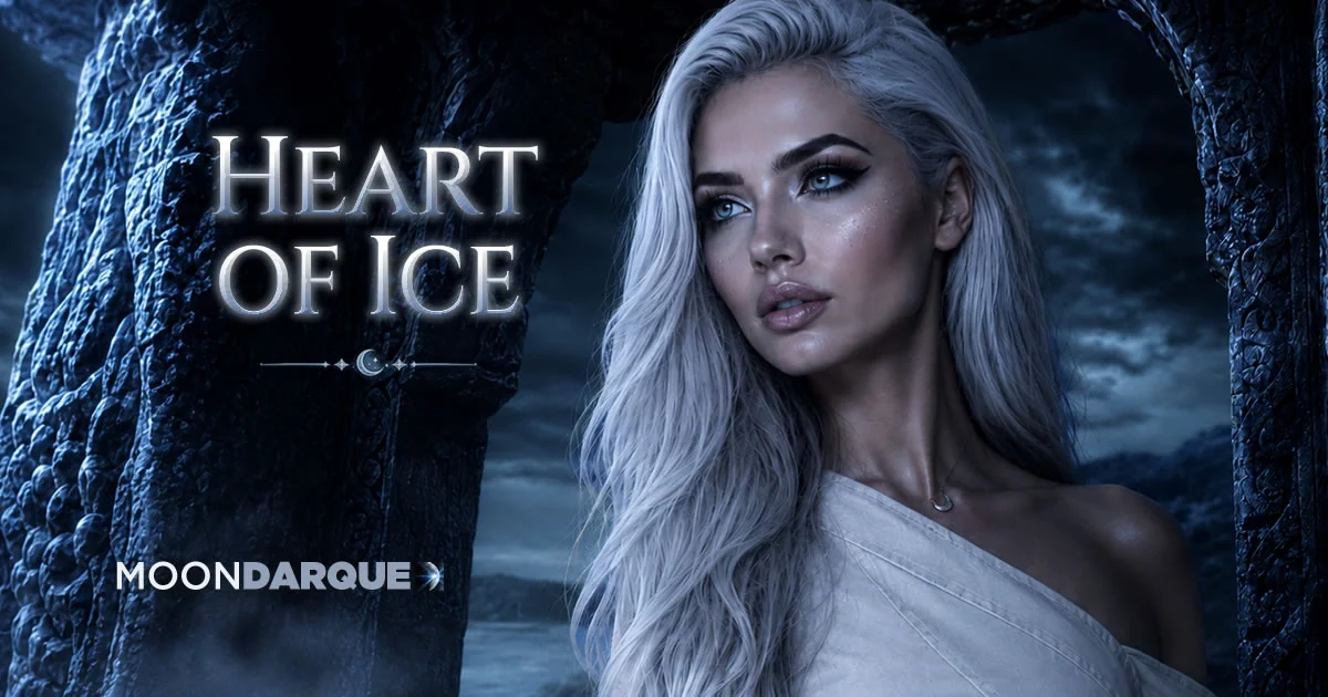 A cinematic promotional image for “Heart of Ice” by Moon Darque. A silver-haired woman in a white one-shoulder dress stands among dark, icy stone arches beneath a stormy night sky. The title “Heart of Ice” appears on the left, with the Moon Darque logo below.