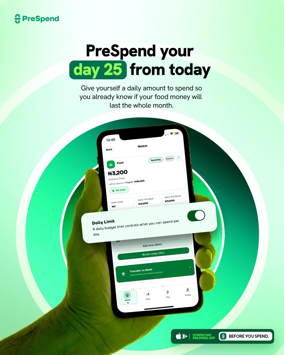 useprespend's tweet photo. You don't need to wait till day 25 to find out your money finished.
Set a Daily Limit on PreSpend and know from day 1 if your food money will actually last the month.

Download now https://t.co/6Iq26DmCNQ https://t.co/6SGYd9Jlsg