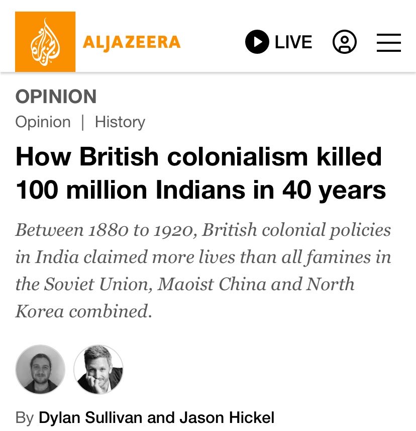 Rakeshhkumaar's tweet photo. Using equivalent methodology to the claim “Communism killed 100 million,” how many has capitalism killed?

The Black Book of Communism counts famine deaths. Britain killed 100 million in famine deaths from 1880 to 1920. That’s only counting one event.

But you won’t read that in your textbook. You won’t see that on the news. Why? Because the same system that killed millions also owns the press. It writes the history. It controls the narrative.