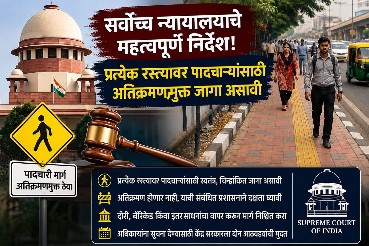 Gunheshodh2's tweet photo. *प्रत्येक रस्त्यावर पादचाऱ्यांसाठी अतिक्रमणमुक्त सुरक्षित मार्ग असावा; सर्वोच्च न्यायालयाचे केंद्र सरकारला स्पष्ट निर्देश*

@rashtrapatibhvn 
@VPIndia 
@PMOIndia 
@SCJudgments 
@maha_governor 
@CMOMaharashtra 
@mybmc 
@mygovindia 
*नवी दिल्ली* /- देशातील प्रत्येक नागरिकाला सुरक्षितपणे पायी चालण्याचा अधिकार मिळावा, यासाठी सर्वोच्च न्यायालयाने केंद्र सरकारला महत्त्वपूर्ण निर्देश दिले आहेत. प्रत्येक रस्त्यावर पादचाऱ्यांसाठी स्वतंत्र, स्पष्टपणे चिन्हांकित आणि कोणत्याही प्रकारच्या अतिक्रमणापासून मुक्त अशी जागा उपलब्ध करून देण्याची खात्री करण्याचे आदेश न्यायालयाने दिले आहेत. यासंदर्भात सर्व राज्ये, स्थानिक स्वराज्य संस्था आणि संबंधित यंत्रणांना आवश्यक सूचना देण्यासाठी केंद्र सरकारला दोन आठवड्यांची मुदत देण्यात आली आहे.

न्यायमूर्ती पी. एस. नरसिंहा आणि न्यायमूर्ती आलोक आराधे यांच्या खंडपीठासमोर या प्रकरणाची सुनावणी झाली. केंद्र सरकारतर्फे अतिरिक्त सॉलिसिटर जनरल के. एम. नटराज यांनी बाजू मांडली. यावेळी न्यायालयाने पादचाऱ्यांच्या सुरक्षिततेचा मुद्दा अत्यंत गांभीर्याने घेत स्पष्ट शब्दांत निर्देश दिले.

खंडपीठाने सांगितले की, पादचाऱ्यांसाठी सुरक्षित मार्ग तयार करण्यासाठी मोठ्या प्रमाणात निधी खर्च करण्याची किंवा नवीन बांधकामे उभारण्याची आवश्यकता नाही. उपलब्ध जागेचे योग्य नियोजन करून, पादचाऱ्यांसाठी असलेला भाग स्पष्टपणे चिन्हांकित करावा आणि तो वाहनांच्या मार्गापासून वेगळा ठेवावा. आवश्यक असल्यास दोरी, बॅरिकेड किंवा इतर साधनांचा वापर करून पादचारी मार्ग निश्चित करता येईल.

न्यायालयाने पुढे नमूद केले की, ज्या ठिकाणी रस्ता आहे त्या प्रत्येक ठिकाणी पादचाऱ्यांसाठी सुरक्षित जागा असणे अनिवार्य आहे. त्या जागेवर कोणत्याही प्रकारचे अतिक्रमण होणार नाही, याची जबाबदारी संबंधित प्रशासनाने घ्यावी. फुटपाथ किंवा पादचारी मार्गांवर दुकाने, हातगाड्या, अनधिकृत बांधकामे किंवा वाहनांचे पार्किंग होऊ नये, यासाठी प्रभावी उपाययोजना करण्याचेही निर्देश देण्यात आले.

सुनावणीदरम्यान न्यायालयाने असेही स्पष्ट केले की, पादचाऱ्यांना त्यांच्या मार्गावर सुरक्षितपणे आणि निर्भयपणे चालता आले पाहिजे. वाहनांच्या धोक्याशिवाय पादचारी मार्गाचा वापर करता येईल, असा विश्वास प्रत्येक नागरिकामध्ये निर्माण होणे आवश्यक आहे. सुरक्षित पादचारी व्यवस्था ही कोणतीही लक्झरी नसून प्रत्येक नागरिकाचा मूलभूत नागरी हक्क असल्याचे न्यायालयाने अधोरेखित केले.

या आदेशानंतर केंद्र सरकारने सर्व संबंधित विभागांना मार्गदर्शक सूचना जारी करून त्याची प्रभावी अंमलबजावणी करण्याची अपेक्षा व्यक्त करण्यात आली आहे. तसेच राज्य सरकारे, महानगरपालिका, नगरपरिषदा, सार्वजनिक बांधकाम विभाग आणि वाहतूक प्रशासन यांनी पादचारी मार्ग अतिक्रमणमुक्त ठेवण्यासाठी विशेष मोहीम राबविण्याची शक्यता आहे.

सर्वोच्च न्यायालयाच्या या निर्देशांमुळे देशभरातील शहरांमध्ये आणि ग्रामीण भागातील रस्त्यांवर पादचाऱ्यांसाठी अधिक सुरक्षित, शिस्तबद्ध आणि अतिक्रमणमुक्त व्यवस्था निर्माण होण्यास मदत होईल, अशी अपेक्षा व्यक्त केली जात आहे. हा निर्णय रस्ते सुरक्षा, नागरी नियोजन आणि नागरिकांच्या मूलभूत हक्कांच्या दृष्टीने अत्यंत महत्त्वाचा मानला जात आहे.