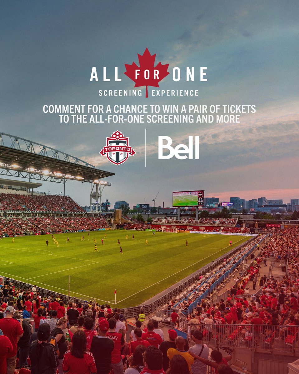 TorontoFC's tweet photo. ⚽️ Bell is giving 25 lucky fans the ultimate All For One Experience! 

COMMENT BELOW for your chance to win 1 of 25 pairs of tickets to an exclusive All For One screening presented by @Bell, plus pitch photos before the Aug. 15 TFC match! 🔴