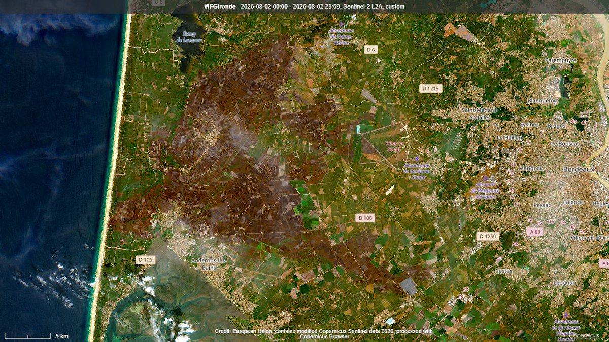 El_Batefuegos's tweet photo. Imágenes del #Sentinel2 de @CopernicusEMS en el canal #NaturalColor #Highlight que nos muestran la magnitud y el daño provocados por el #IFGironde
La superficie afectada según los datos satelitales podría superar las 31.000 Ha
Datos estimados pendientes de verificar y valorar
Enlace a la imagen en Alta definición (16.000 x 9.000 pixeles)
https://t.co/5kli9KJD6F