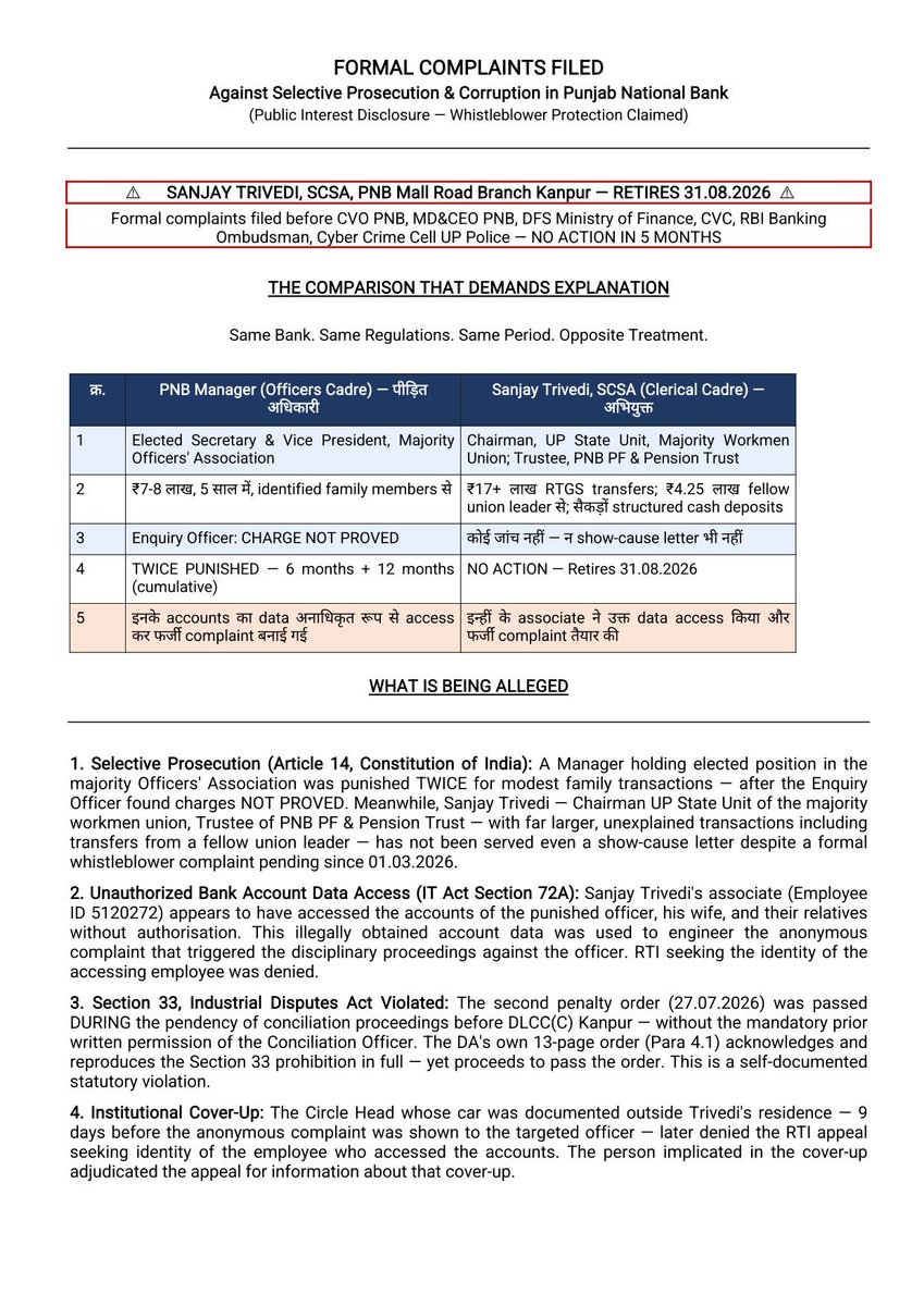 OfficialAIWBA's tweet photo. 🚨 EXPOSING SELECTIVE PROSECUTION & DATA BREACH AT PUNJAB NATIONAL BANK 🚨

How does @pnbindia punish one officer twice while ignoring massive corruption right under its nose?

1/ THE DOUBLE STANDARD

• PNB Officer (Whistleblower Target): Punished TWICE (18 mos cumulative reduction) over modest family transactions—even after an Enquiry Officer found charges NOT PROVED.
• Union Leader Sanjay Trivedi: ₹17+ Lakhs in RTGS transfers, ₹4.25 Lakhs from union peers, & hundreds of structured cash deposits.
👉 Action taken? ZERO. He retires on Aug 31, 2026 untouched!

2/ ILLEGAL DATA BREACH & FABRICATED COMPLAINTS

To target the officer, an associate (Employee ID 5120272) illegally accessed confidential account data of the officer, his wife, and relatives—violating Section 72A IT Act. This stolen data was used to engineer a fake complaint. PNB denied RTI requests to reveal who accessed the data!

3/ VIOLATION OF LABOR LAWS

The second penalty (27.07.2026) was passed during ongoing conciliation proceedings before DLCC(C) Kanpur without mandatory written permission, violating Section 33, Industrial Disputes Act—a violation explicitly acknowledged in the Disciplinary Authority's own order!

4/ WE DEMAND IMMEDIATE ACTION

Formal complaints filed with @pnbindia CVO, MD & CEO, @FinMinIndia, @DFS_India @CVCIndia, @RBI, & @Uppolice @cyberpolice_up :
1️⃣ Issue Show-Cause Notice to Sanjay Trivedi BEFORE Aug 31 retirement.

2️⃣ Suspend Employee ID 5120272 & preserve system audit logs.

3️⃣ Quash unfair penalties against the targeted officer.
#PNBScam #BankingCorruption
#SelectivePunishmentByPNB
 #WhistleblowerProtection
#PNBManagementMurdabaad
 #JusticeForBankers #DepartmentOfFinancialServices
@kanalmedia23
@Hellobanker_in @TheBankersVoice @bankaffairs
