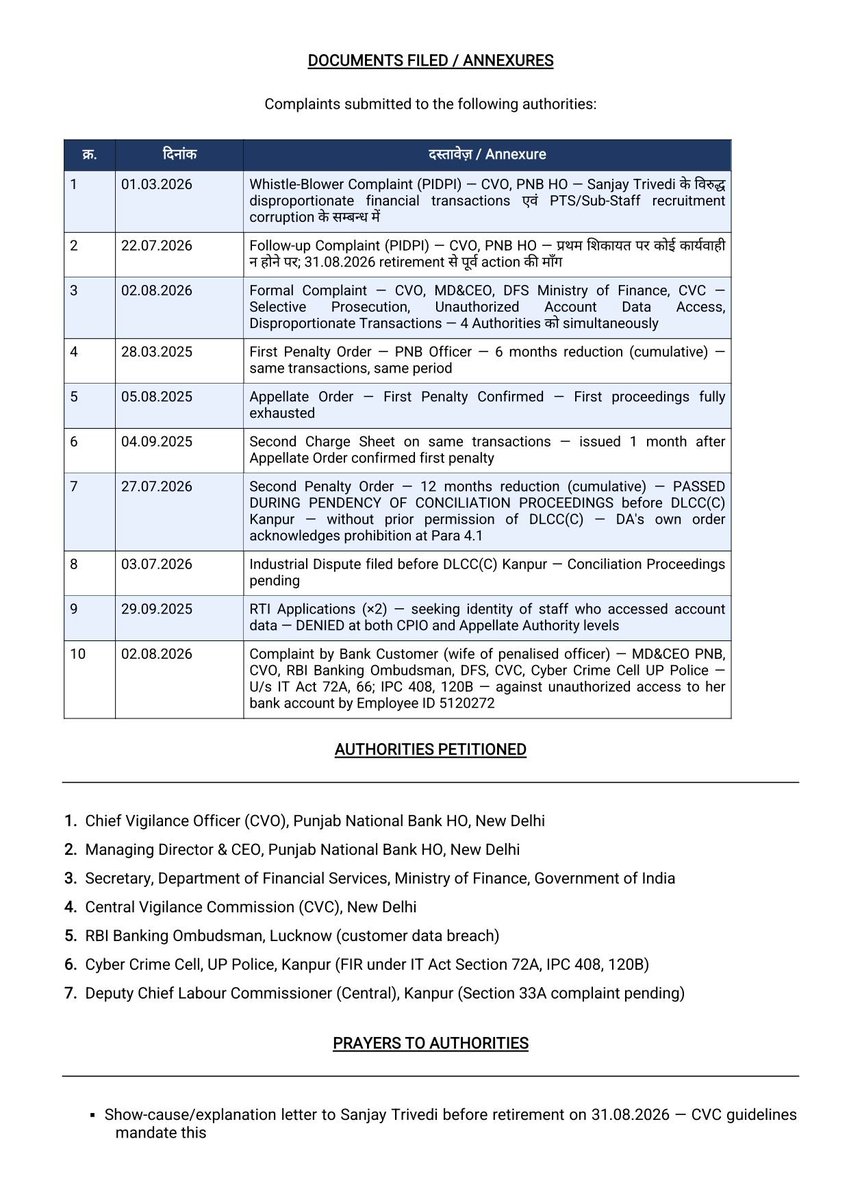 OfficialAIWBA's tweet photo. 🚨 EXPOSING SELECTIVE PROSECUTION & DATA BREACH AT PUNJAB NATIONAL BANK 🚨

How does @pnbindia punish one officer twice while ignoring massive corruption right under its nose?

1/ THE DOUBLE STANDARD

• PNB Officer (Whistleblower Target): Punished TWICE (18 mos cumulative reduction) over modest family transactions—even after an Enquiry Officer found charges NOT PROVED.
• Union Leader Sanjay Trivedi: ₹17+ Lakhs in RTGS transfers, ₹4.25 Lakhs from union peers, & hundreds of structured cash deposits.
👉 Action taken? ZERO. He retires on Aug 31, 2026 untouched!

2/ ILLEGAL DATA BREACH & FABRICATED COMPLAINTS

To target the officer, an associate (Employee ID 5120272) illegally accessed confidential account data of the officer, his wife, and relatives—violating Section 72A IT Act. This stolen data was used to engineer a fake complaint. PNB denied RTI requests to reveal who accessed the data!

3/ VIOLATION OF LABOR LAWS

The second penalty (27.07.2026) was passed during ongoing conciliation proceedings before DLCC(C) Kanpur without mandatory written permission, violating Section 33, Industrial Disputes Act—a violation explicitly acknowledged in the Disciplinary Authority's own order!

4/ WE DEMAND IMMEDIATE ACTION

Formal complaints filed with @pnbindia CVO, MD & CEO, @FinMinIndia, @DFS_India @CVCIndia, @RBI, & @Uppolice @cyberpolice_up :
1️⃣ Issue Show-Cause Notice to Sanjay Trivedi BEFORE Aug 31 retirement.

2️⃣ Suspend Employee ID 5120272 & preserve system audit logs.

3️⃣ Quash unfair penalties against the targeted officer.
#PNBScam #BankingCorruption
#SelectivePunishmentByPNB
 #WhistleblowerProtection
#PNBManagementMurdabaad
 #JusticeForBankers #DepartmentOfFinancialServices
@kanalmedia23
@Hellobanker_in @TheBankersVoice @bankaffairs