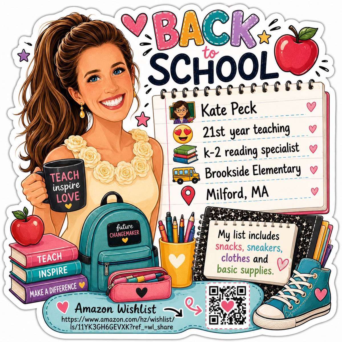 KatePeck4's tweet photo. @Pcast_ol @writers_ol 👩🏻🏫 Kate Peck
😍 21st year teaching
📚 k-2 reading specialist
🩷 Title 1 School
🚌 Brookside Elementary
�� Milford, MA
My list includes snacks, sneakers,
Clothes and basic supplies for all our students .
https://t.co/zcZcckWMko
Thank you https://t.co/V0rE9Zxaba