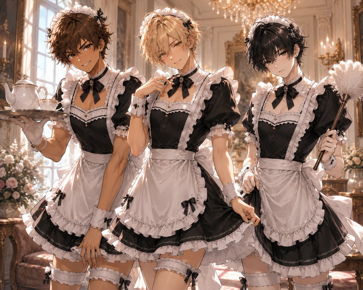 blacksheep00852's tweet photo. 【メイド男子ズ】

【メイド少年ズ】

昨日が執事だったので、やっぱりこっちは外せませんね～😎😋😆

ノリノリでやってくれていますが、和実くんは目が笑っていませんね・・・😅😱😇
#Alart  #AIイラスト #YKPegasus #猫人間少年ズ　#CrossTails https://t.co/Yvfghd4Sqo