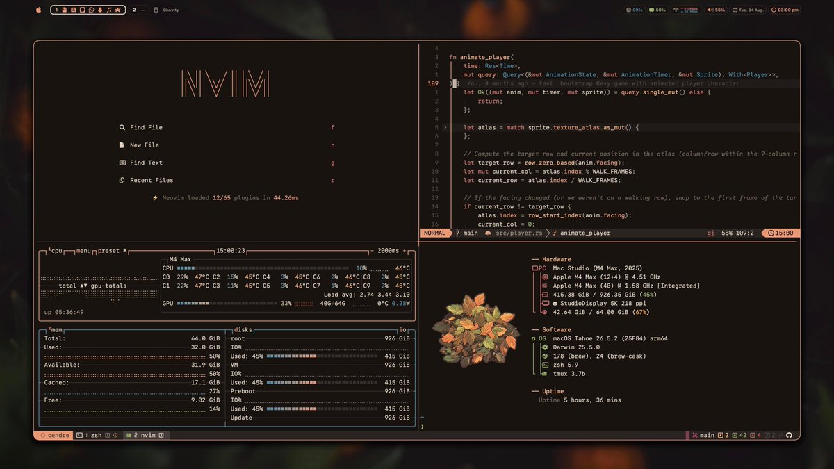bot_unixporn's tweet photo. [yabai]  cendre: one palette computed from a wood fire, across all 27 surfaces
Link: https://t.co/Erk5qWFeW5

#unixporn #linux #screenshot https://t.co/l3bZ8CKHKS
