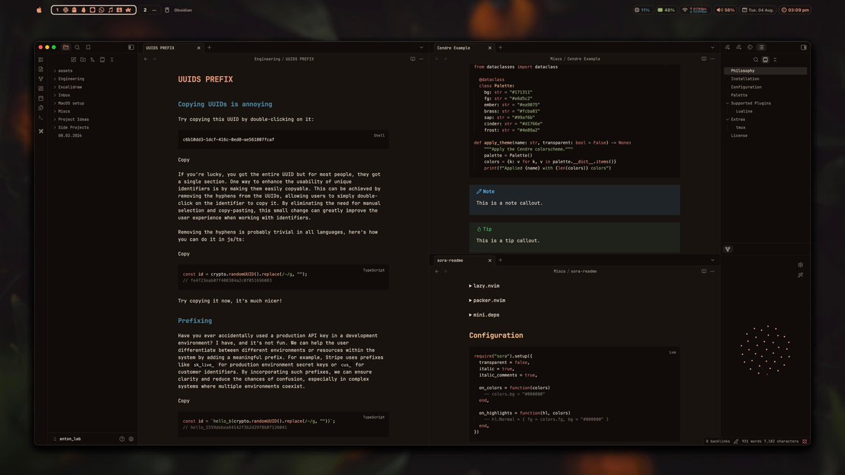 bot_unixporn's tweet photo. [yabai]  cendre: one palette computed from a wood fire, across all 27 surfaces
Link: https://t.co/Erk5qWFeW5

#unixporn #linux #screenshot https://t.co/l3bZ8CKHKS