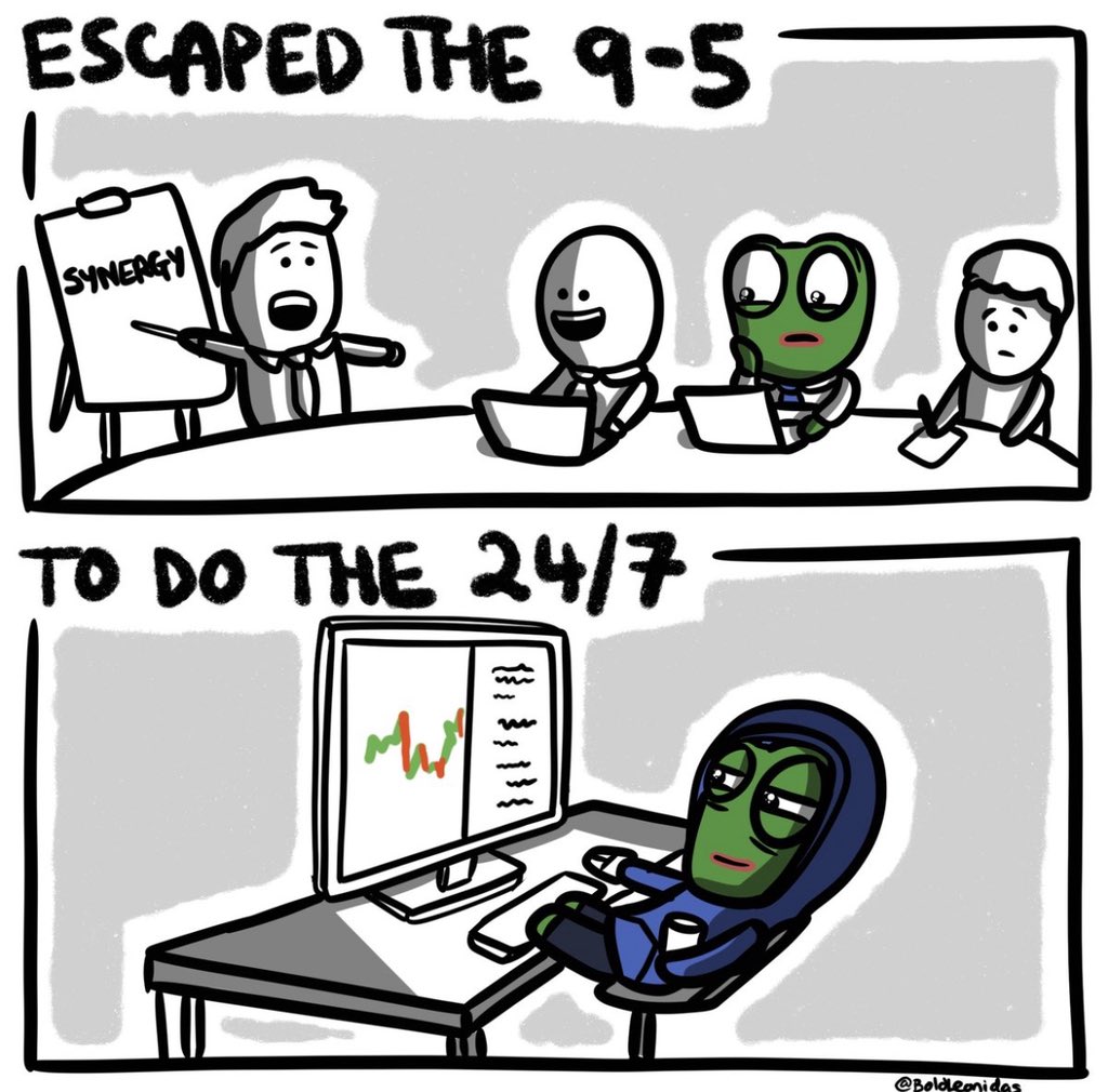 hellerincrypto's tweet photo. We escaped the 9-5 to do the 24/7 right? https://t.co/nviM5khGl8