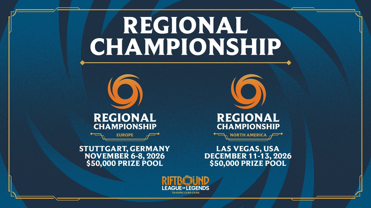 playriftbound's tweet photo. The road to Riftbound glory heads to Europe! Our first Regional Championship in Europe takes place in Stuttgart, Germany, from November 6–8, 2026.

Read the full details: https://t.co/QvVxg2IM3A https://t.co/9704w53MC0