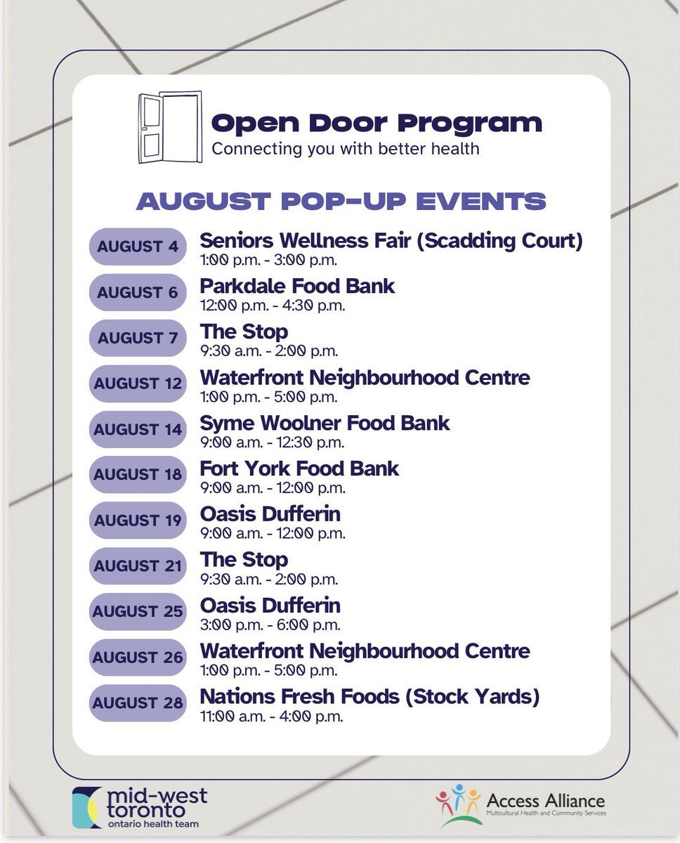 MidWestTO_OHT's tweet photo. No matter what door you enter, we’re here to help you access the care you need.

📍Stop by one of Open Door’s August pop-up locations to get help finding primary care services, cancer screening support, and more.

Learn more at https://t.co/SdpVwWNsTO https://t.co/WMThmycPGA