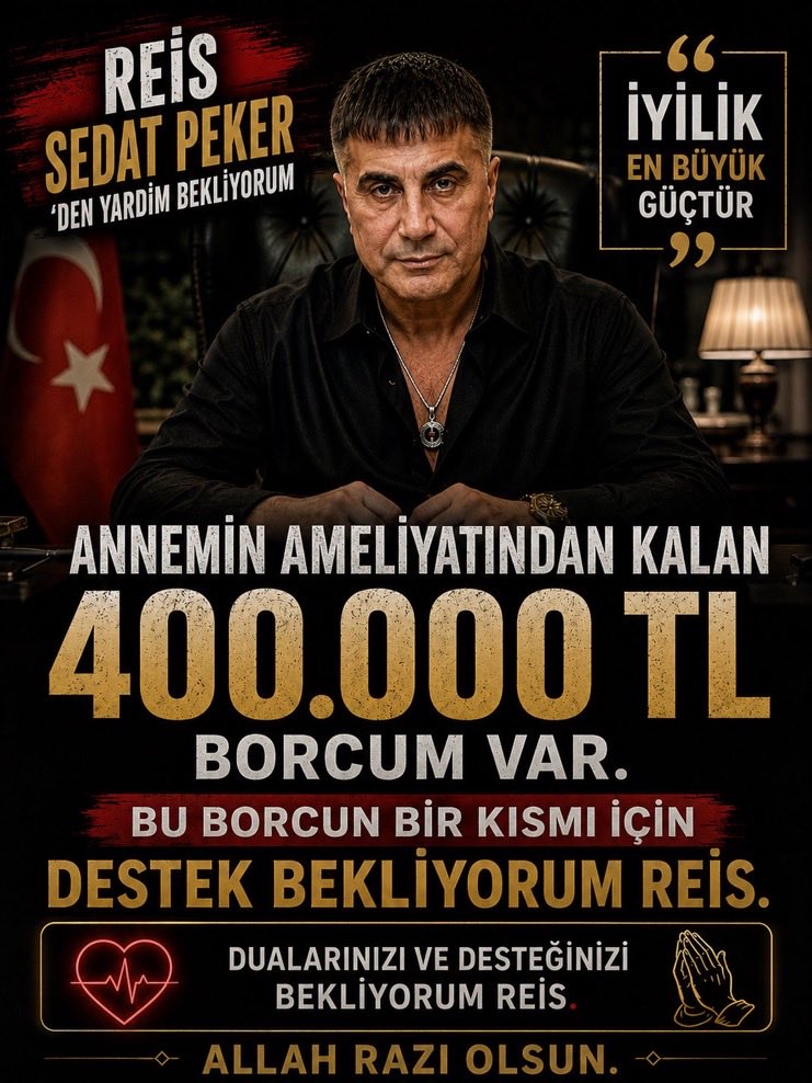 HayranRsp's tweet photo. Kıymetli Reisim Sayın Sedat Peker 🚨

✅Takdir karar senindir reisim.

✅Bu kardesinide yardım elini uzatirmisin ?

✅Senden başka kimsem yok ağabeyim. 

@sedat_peker #sedatpeker
#iyikivarsınsedatpeker https://t.co/w8aBd3FKLW