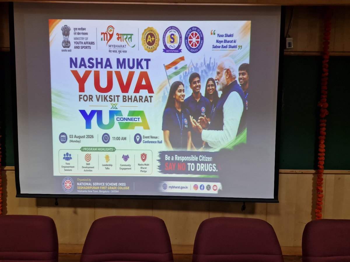 NssSfgc's tweet photo. 🇮🇳 Nasha Mukt Bharat – Viksit Bharat Yuva Connect Programme was successfully organized by the NSS Unit, Seshadripuram First Grade College, Bengaluru, in association with the Ministry of Youth Affairs &amp; Sports, Government of India and MY Bharat on 03 August 2026. @_NSSIndia https://t.co/DfCmLPhtu1
