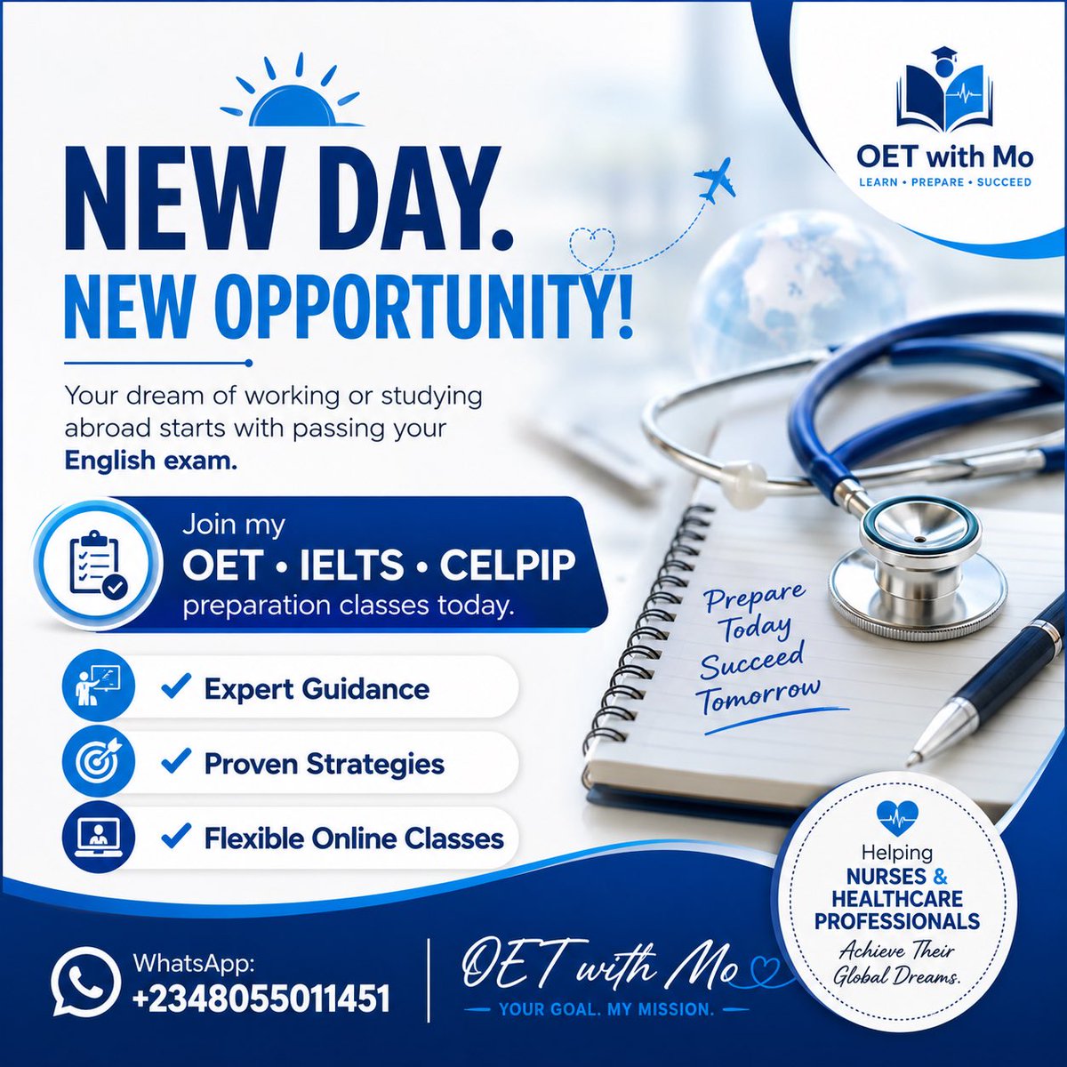 tolerni's tweet photo. 🚨 Ready to pass OET on your first attempt?

✅ Live classes
✅ Mock tests
✅ Speaking &amp; Writing feedback
✅ Exam-focused strategies

Your success starts with one decision.

📲 Send a DM or WhatsApp +2348055011451 to get started today.

#OET #OETExam #NursingJobs https://t.co/jRqZ3JUftr
