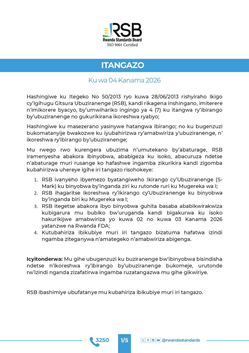 rwandastandards's tweet photo. ITANGAZO

RSB ihagaritse ibyemezo by'ubuziranenge ku nganda zagaragaweho kutubahiriza ibisabwa mu gutunganya ibinyobwa bisembuye no gukoresha nabi ikirango cya S-Mark. https://t.co/iUTFLpacbo
