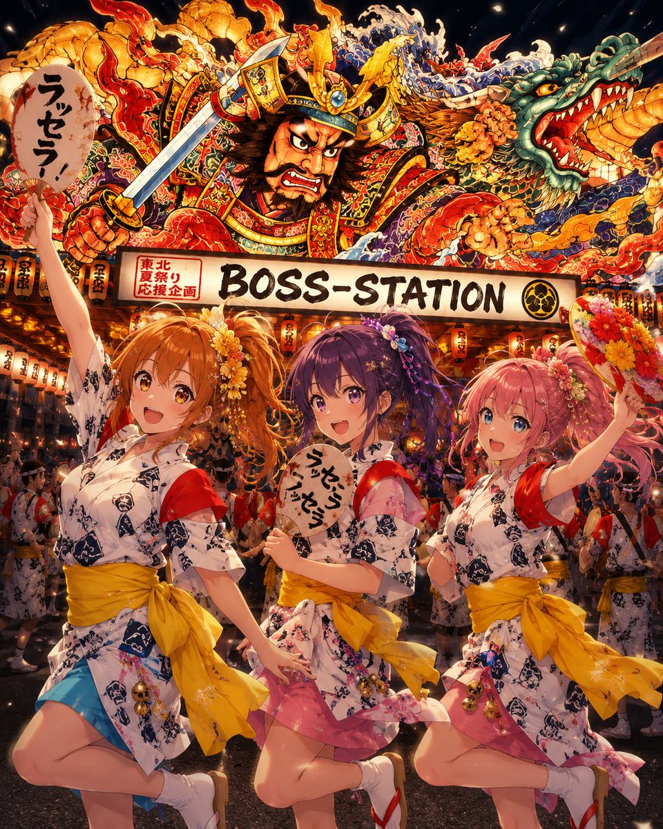 boss_station_yt's tweet photo. 【BSST 東北夏祭り応援企画🎆】
第1弾は青森・ねぶた祭！🔥

ラッセラー！ラッセラー！✨
今年も東北の夏が熱い！！

なつめ・りこ・しほも全力で応援中📣
現地のみなさん、最高の夏を楽しんでください！😊

#ねぶた祭 #青森ねぶた祭 #東北夏祭り #BSST #イラスト #夏祭り https://t.co/pWsXuxBDJm