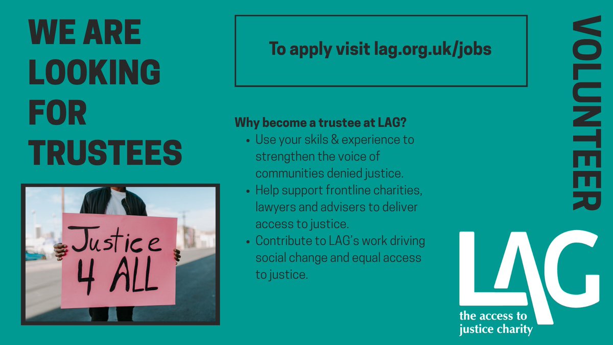 LegalActionGrp's tweet photo. 👀Do you want to use your skils & experience to strengthen the voice of communities denied #AccessToJustice? Look no further! We are looking for new #Trustees...
As a #Trustee, you will play a key role in our next phase of development.
Apply by 12 Sept➡️ https://t.co/5faAjS81za https://t.co/XWQ2byvkyj