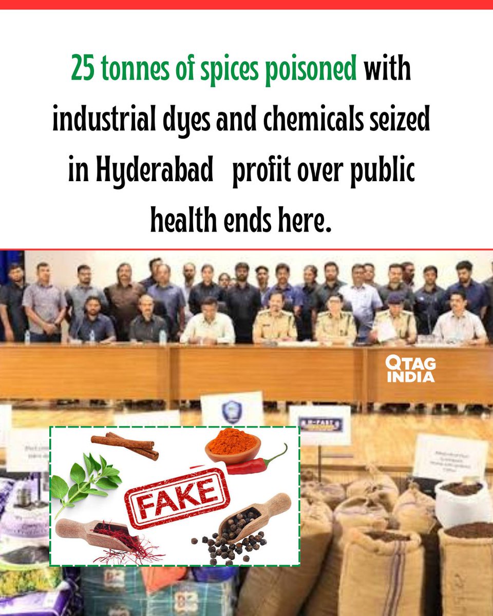 TTB_In's tweet photo. H-FAST seizes 25 tonnes of toxic chemical-laced spices in Hyderabad!Cloves, jeera, ajwain &amp; mustard mixed with industrial dyes, synthetic colours &amp; harmful substances to boost colour, weight &amp; profit. 3 arrested.This is pure poison sold as food. Stay alert!#HFAST #Hyderabad https://t.co/OBYyLymJ1H