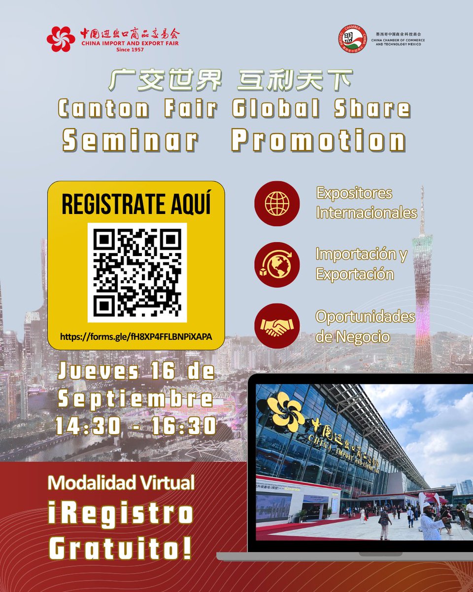 chinachambermx's tweet photo. ¡Regístrate ahora y asegura tu lugar!

Conoce todas las novedades que la @cantonfair trae para ti ahora en su modalidad virtual, el registro es gratuito.

La feria de comercio internacional más grande de China está cada vez más cerca y esta es tu oportunidad para prepararte. En este seminario conocerás las herramientas, novedades y oportunidades de negocio de su histórica 140ª edición.

Descubre de primera mano todas las oportunidades, novedades y claves para maximizar tu inversión en su histórica 140ª edición de la Canton Fair.

📅 17 de septiembre

🕝 14:30 a 16:30 h

📍 Hotel Fiesta Americana, Paseo de la Reforma 80, Colonia Juárez, CDMX.

🖥️ Registro Modalidad Virtual: https://t.co/EPlHoj4gzI

📝Registro Modalidad Presencial: https://t.co/ywJzOTIk7Q

Si buscas nuevos proveedores, expandir tu red y fortalecer tu estrategia internacional, este encuentro es para ti.

#ChinaChamberMexico #CantonFair #NegociosConChina #Importación #Exportación #MéxicoChina