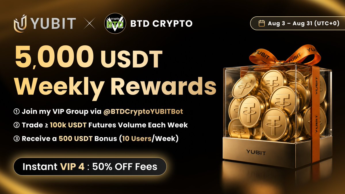 Btdcrypto's tweet photo. 🚨 EXCLUSIVE REWARDS FOR MY COMMUNITY 🚨

🎁 $5,000 Weekly Rewards
🏆 10 Winners • 500 USDT Bonus Each
⭐️ Instant VIP4 (50% OFF Trading Fees)

1️⃣ Join my VIP Group:
🔗 https://t.co/bUNOx8s5Ae

2️⃣ Register for the campaign:
🔗 https://t.co/KSGRIo2qJk

#crypto @YUBIT_Exchange https://t.co/jONFlhz9sN