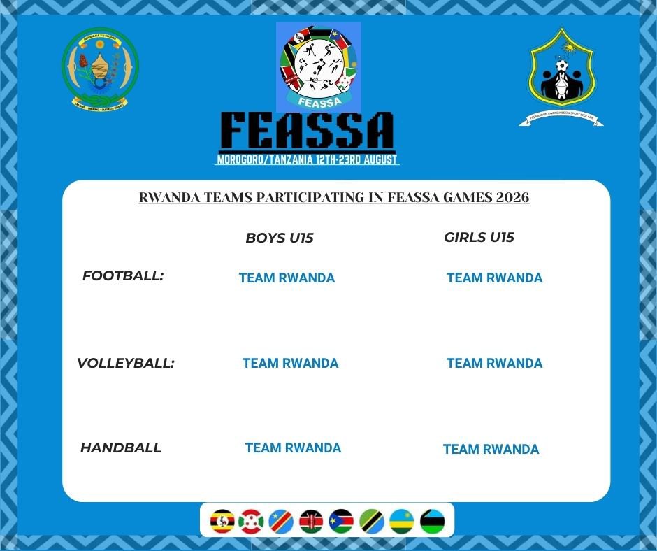 FRSS2025's tweet photo. #FEASSA2026 Yahumuye! 
Amakipe 20 agizwe n'abakinnyi 243 mu cyiciro cy'abatarengeje imyaka 15 na 20(Abahungu n'abakobwa) niyo azahagararira #Rwanda mu marushanwa azabera mu gihugu cya #Tanzania mu mujyi wa #Morogoro guhera tariki ya 12/08-23/08/2026.
@Rwanda_Edu @Rwanda_Sports https://t.co/fzhiqQl9VK