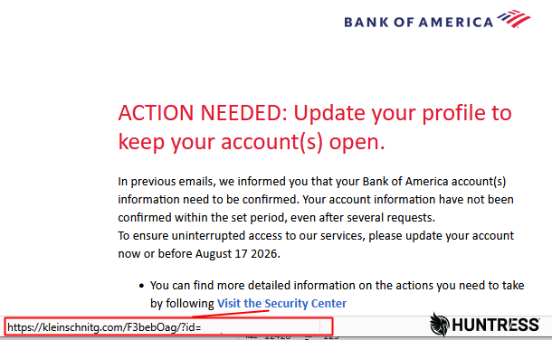 HuntressLabs's tweet photo. Has anyone ever been so excited to get a spam email? 

When someone purporting to be Bank of America emailed our honeytrap account, Huntress got a firsthand look at a phishing campaign. https://t.co/7pc99e9w0d