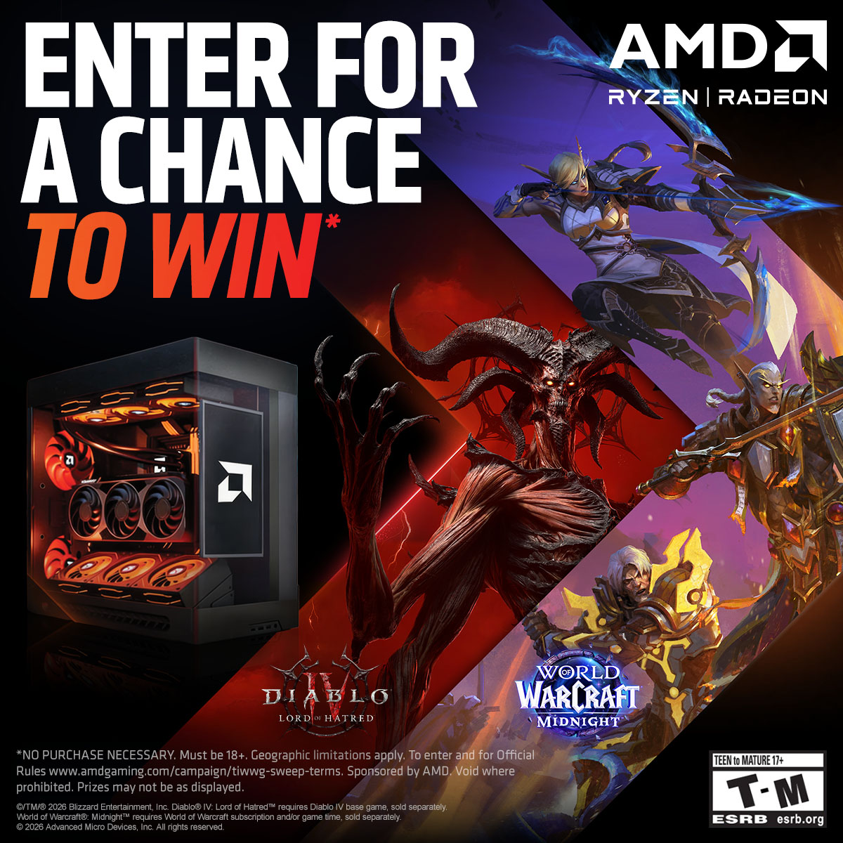AMDGaming's tweet photo. Join the #ThisisWhyWeGame Sweepstakes celebration for your chance to win epic prizes like an AMD powered gaming PC with a copy of World of Warcraft®: Midnight™ and Diablo® IV: Lord of Hatred™ game key.

ENTER NOW: https://t.co/T4yuKRYaPM https://t.co/aX6KzqHLI1