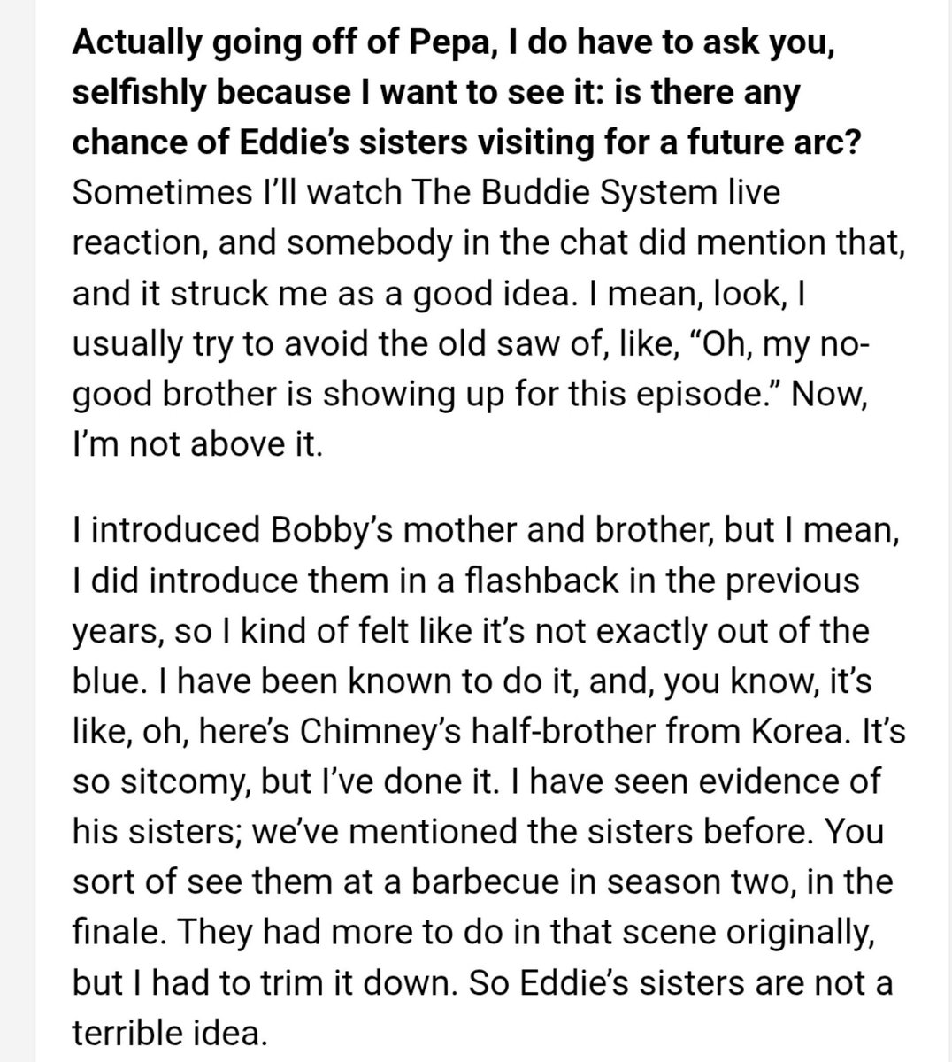 beck_buckleyy's tweet photo. I really hope tim is serious about bringing in adrianna/sophia or even both for s10. it would be so benefitial to eddie's story

two people who knew him all his life, holding up a mirror to eddie and his dynamic with buck//leading to eddie doing some introspection and unpacking. https://t.co/8q7ASJvoSm