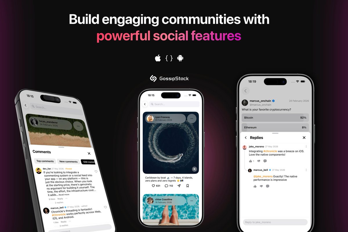 gossipstack's tweet photo. Your users want to interact. Your roadmap doesn't have weeks to spare.  
Auth, moderation, notifications, cross-platform — that's weeks of work you don't need.  GossipStack is a drop-in SDK for a full social layer. Native on iOS, Android, and web. Fully customizable.  
#devtools https://t.co/vvncbVji2A